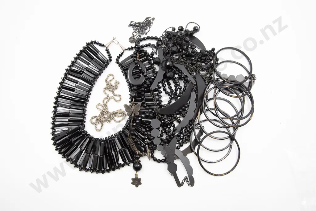 Collection Five Bead French Jet Bead and Metal Necklaces and Plastic Bangles Image 1++