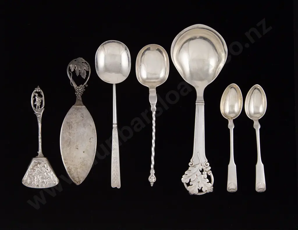Fancy Danish Silver Serving Spoon & Cake Slice, Dutch Caddy Spoon  & 4 Other Spoons Image 1++