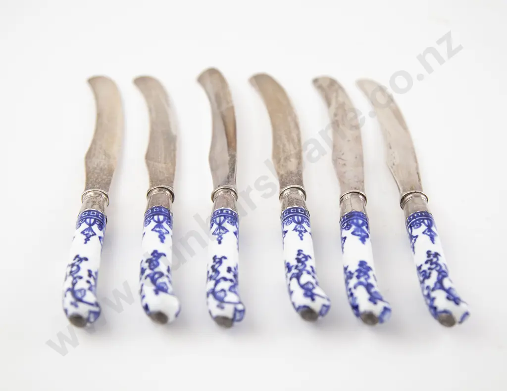 Set of Six Victorian Blue & White Handled Butter Knives with S/S Blades Image 1++