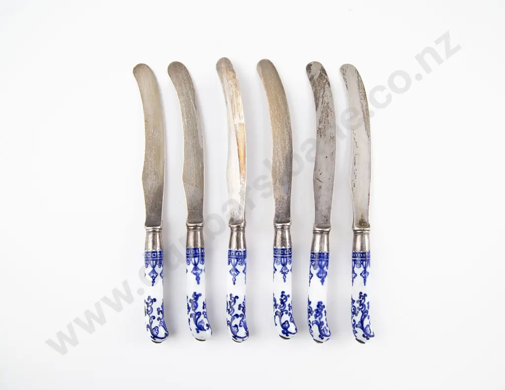 Set of Six Victorian Blue & White Handled Butter Knives with S/S Blades Image 1++