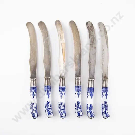 Set of Six Victorian Blue & White Handled Butter Knives with S/S Blades