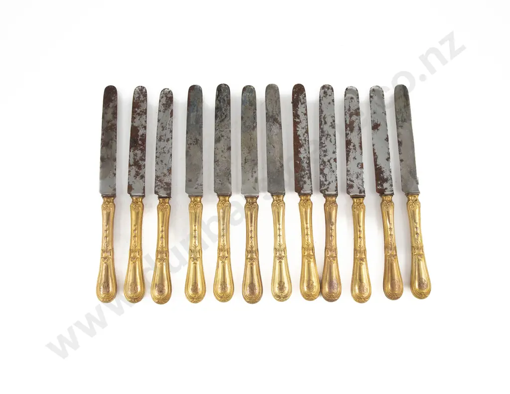 Set Of 12 C19th French S/S Gilt Steel Bladed Dessert Knives Image 1++