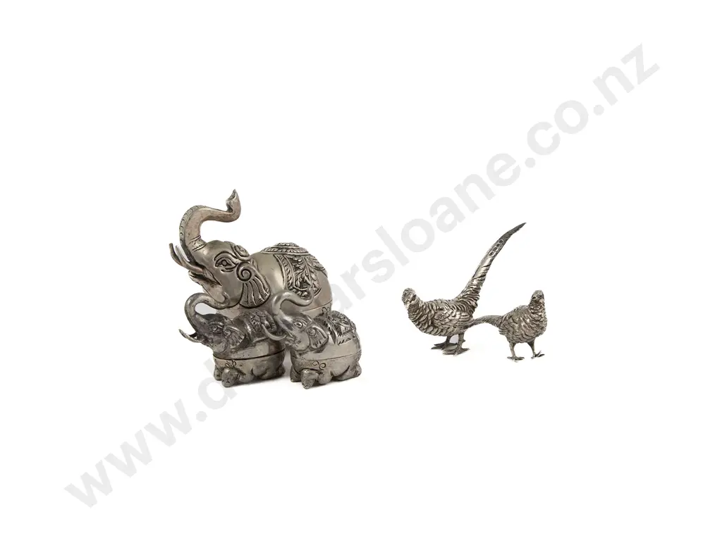 3 Thai .900 Silver Elephant Boxes & Pair S/S Pheasant Menu Holders Image 1++