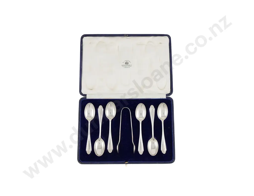 Cased Set Of 6 Geo V S/S Teaspoons & Tongs By Mappin & Webb Image 1++