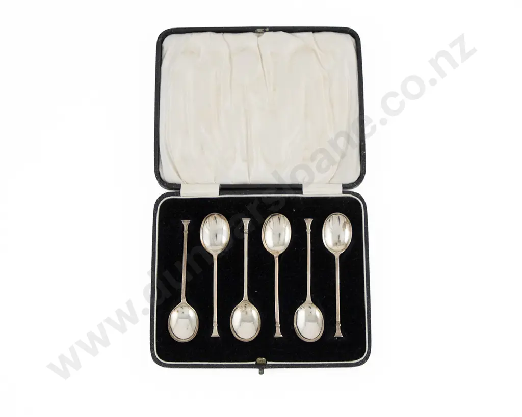 Cased Set Of 6 Geo V S/S Art Deco Seal Top Coffee Spoons Image 1++