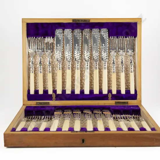 Late Vict Canteen Of 12 S/P & Ivory Handled Fish Knives & 12 Forks