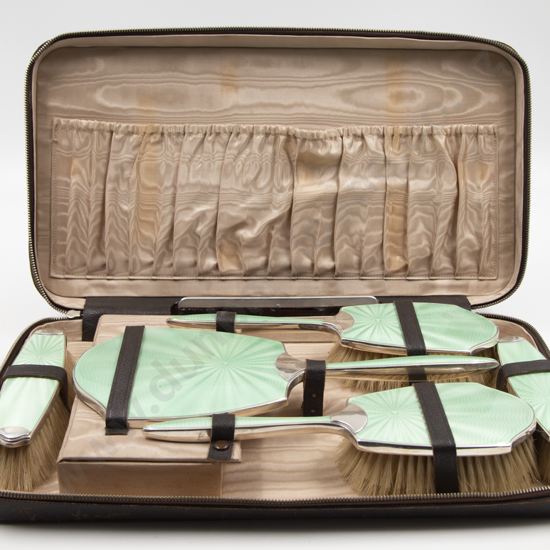Cased Geo VI S/S & Enamel Art Deco 6pce Dressing Table Set