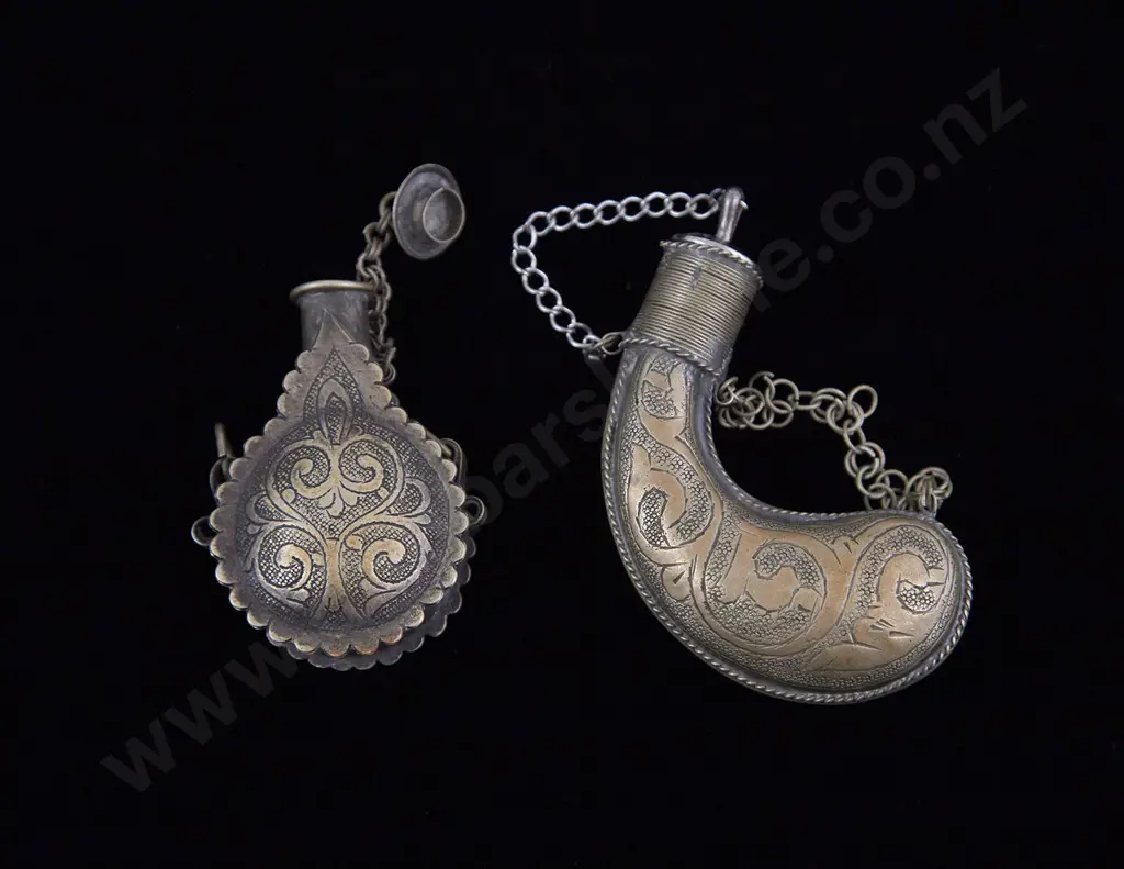 Two Engraved Brass Arabic/Eastern Priming Flasks Image 1++