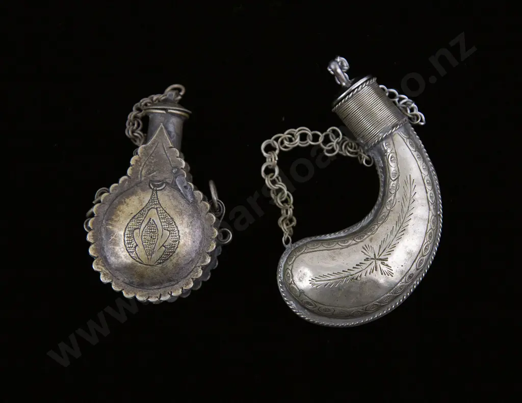Two Engraved Brass Arabic/Eastern Priming Flasks Image 1++