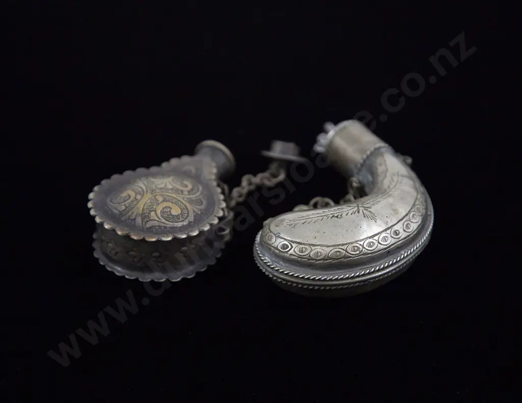Two Engraved Brass Arabic/Eastern Priming Flasks Image 1++