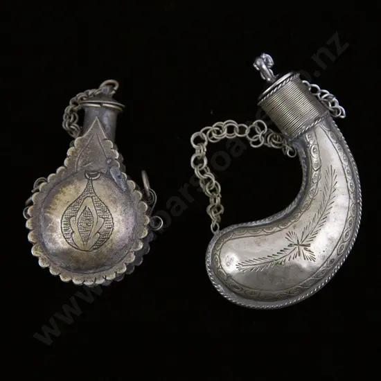 Two Engraved Brass Arabic/Eastern Priming Flasks