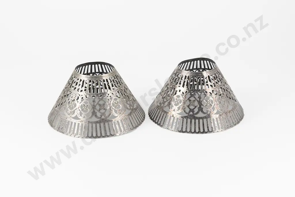 Pair Silver Plate Pierced Candle Lamp Shades Image 1++