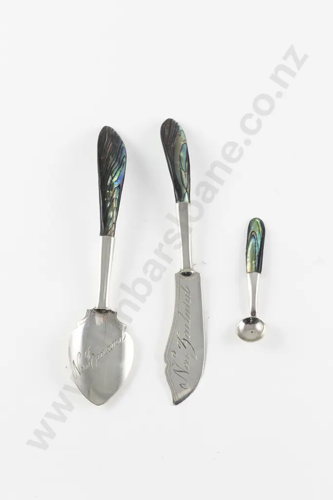 NZ Silver and Paua Handled Butter Knife and Matching Jam Spoon Image 1++