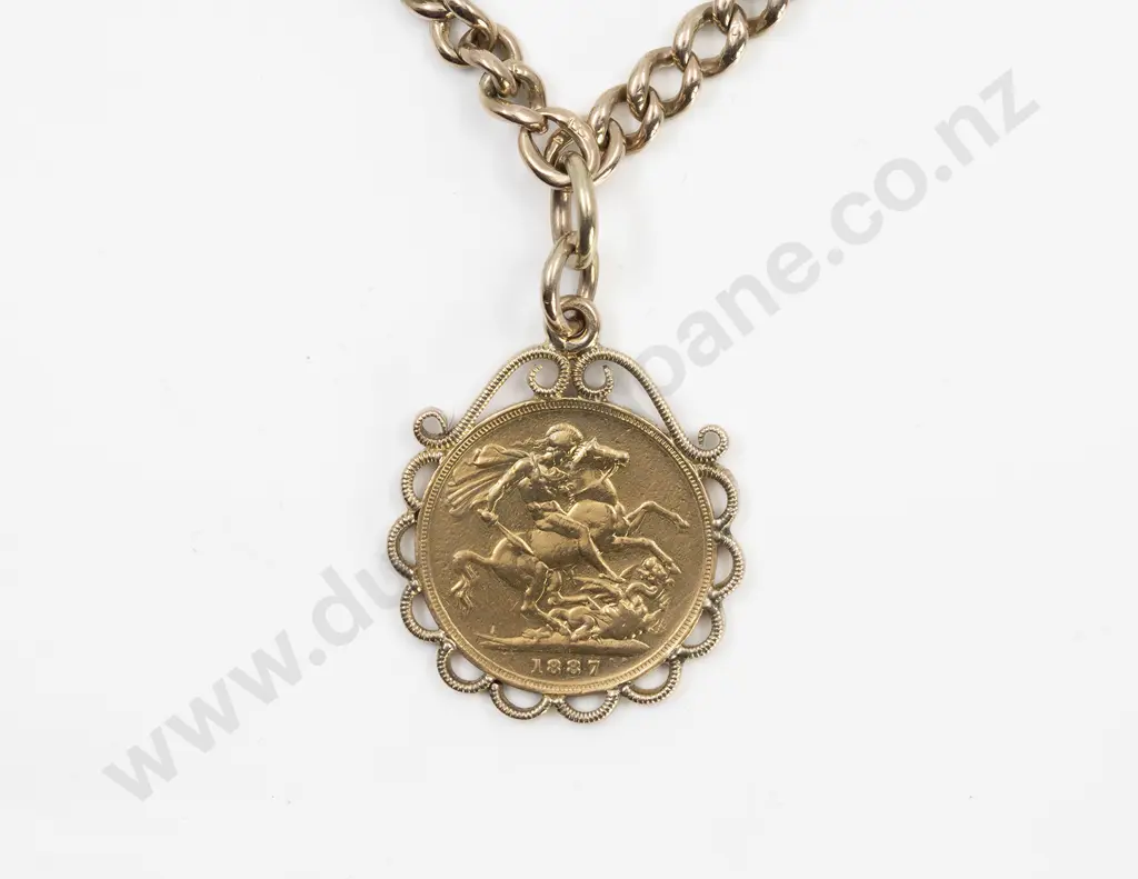 9ct Curb Link Chain with 1887 Sovereign Pendant Image 1++