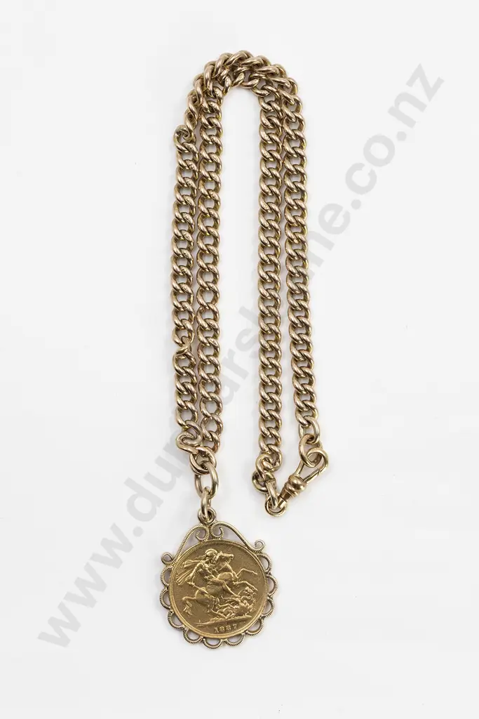 9ct Curb Link Chain with 1887 Sovereign Pendant Image 1++