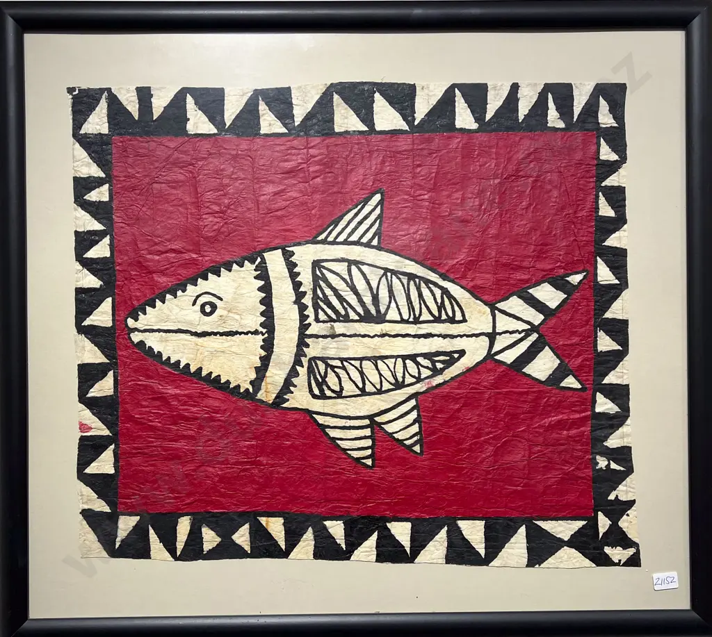 Framed Tapa Cloth with Fish Motif Image 1++