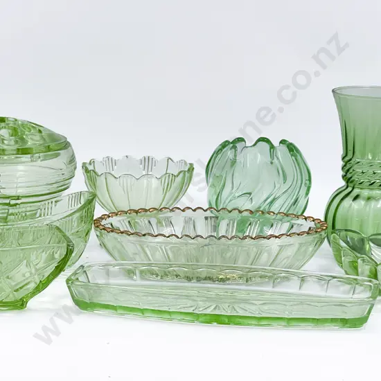 Small Box of Assorted Vintage Green Pressed Glass