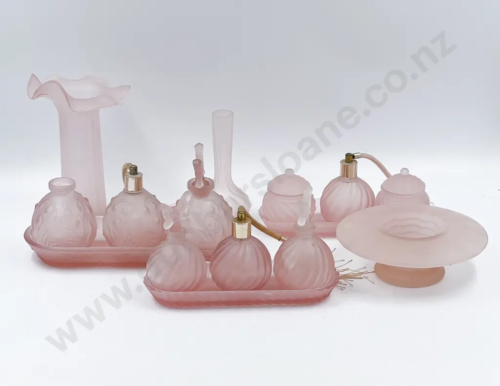 Small Quantity of Vintage Pink Frosted Glass Including Vanity Sets Image 1++