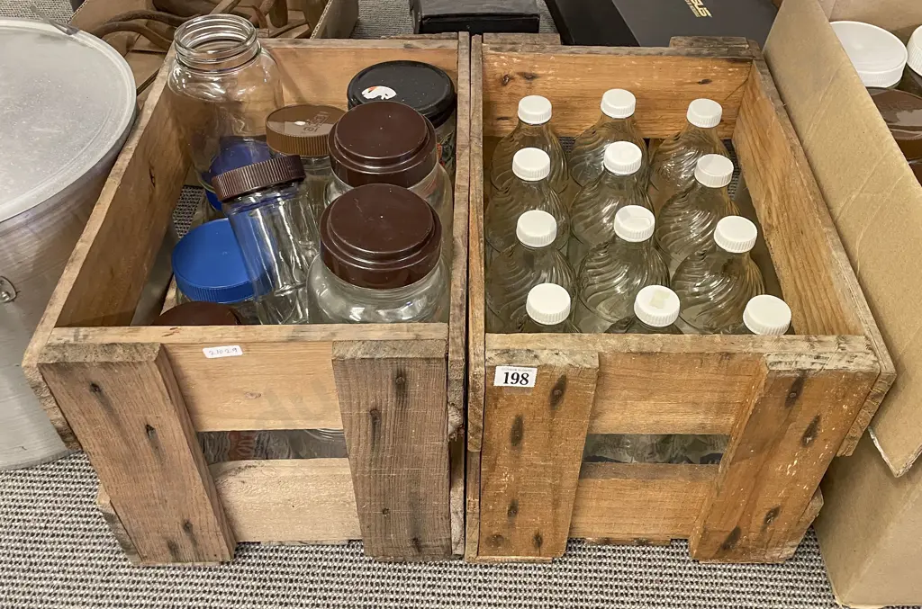 Two Wooden Vintage Crates of Assorted Glass Jars & Bottles Image 1++