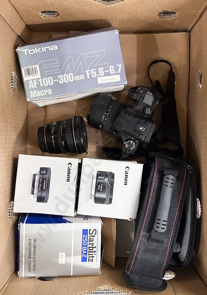 Box of Assorted Camera Accessories and Cannon Camera Image 1++