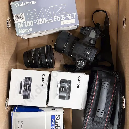 Box of Assorted Camera Accessories and Cannon Camera