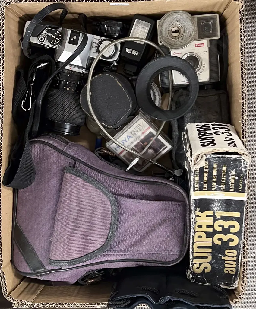 Box Including Vintage Camera and Accessories Image 1++