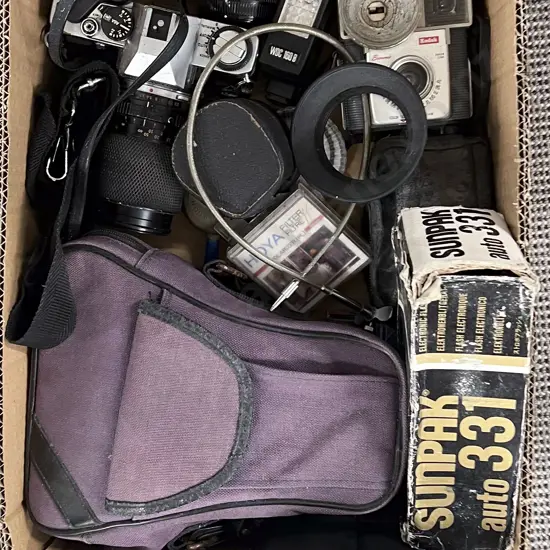 Box Including Vintage Camera and Accessories