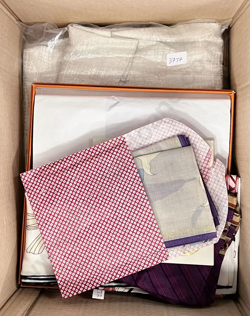 Box Including Various Silk Scarves and A 1980's American Cocktail Dress Image 1++