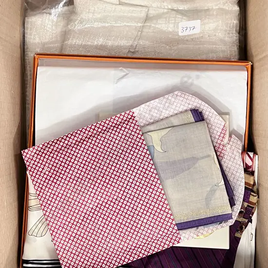 Box Including Various Silk Scarves and A 1980's American Cocktail Dress