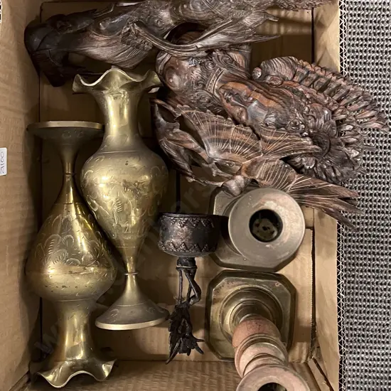 Box Including Brass Candlesticks