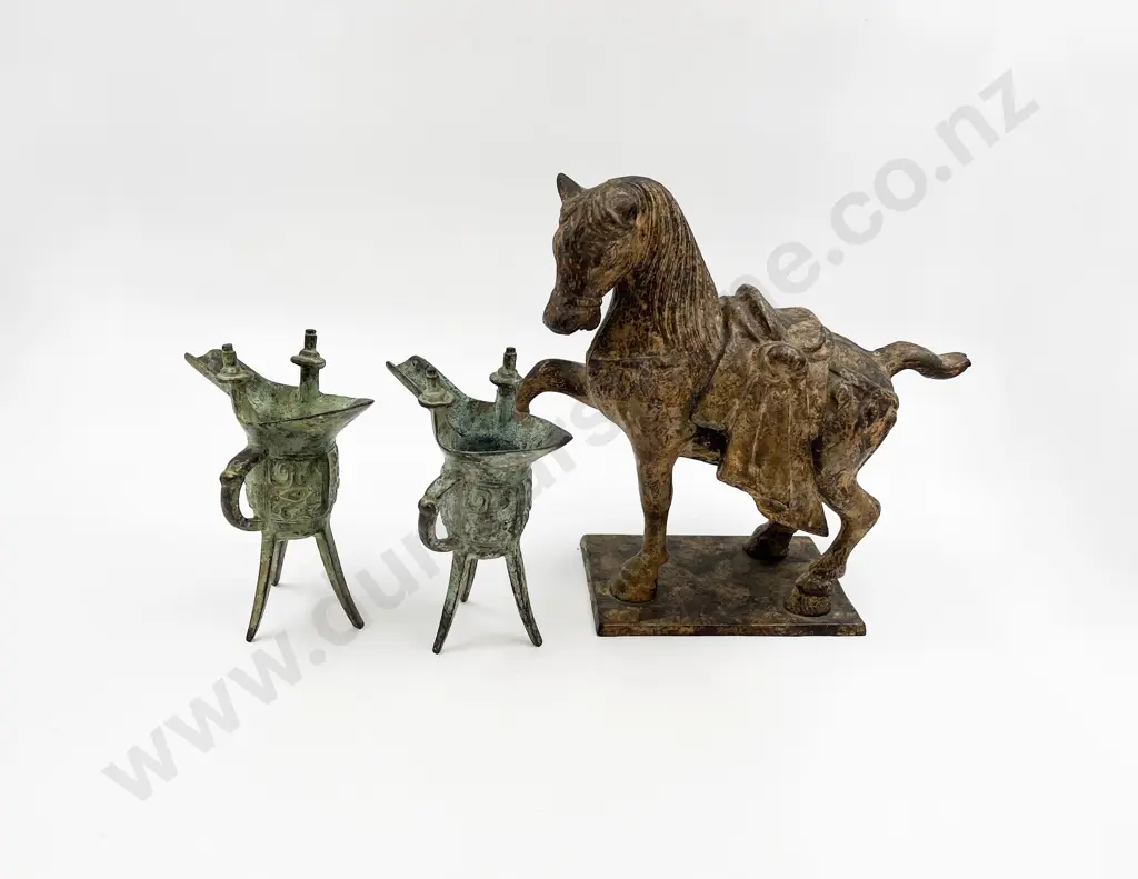 Pair of Chinese Archaic Style Bronze Vessels Together with Tang Dynasty Style Horse Image 1++