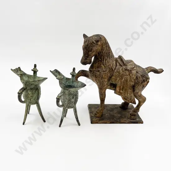 Pair of Chinese Archaic Style Bronze Vessels Together with Tang Dynasty Style Horse