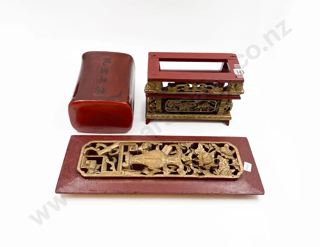 Three Pieces of Assorted Asian Including Lacquered Headrest Image 1++