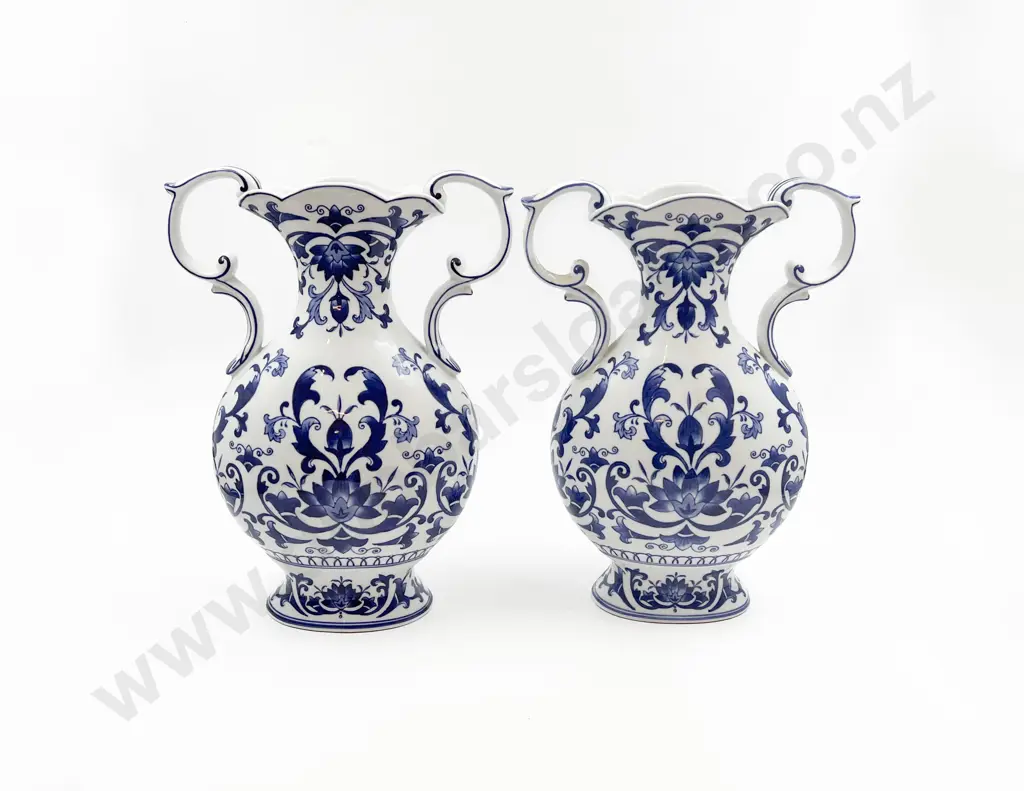 Pair of Blue and White Double Handled Vases Image 1++