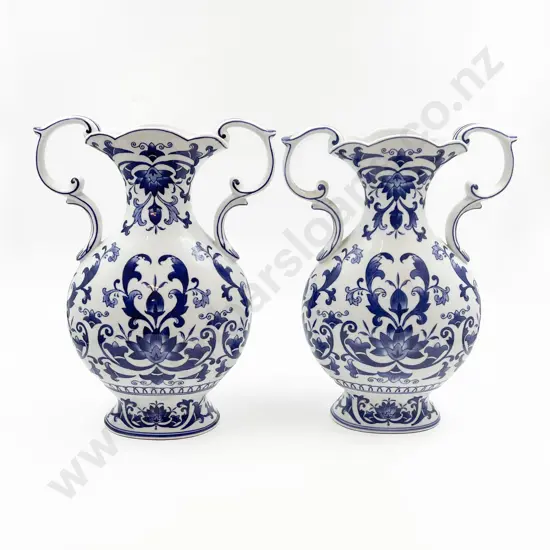 Pair of Blue and White Double Handled Vases