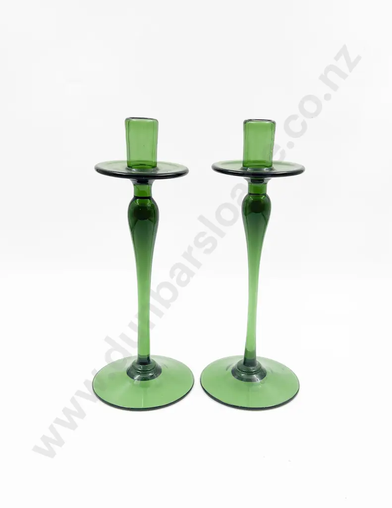 Pair of Green Glass Candlesticks Image 1++