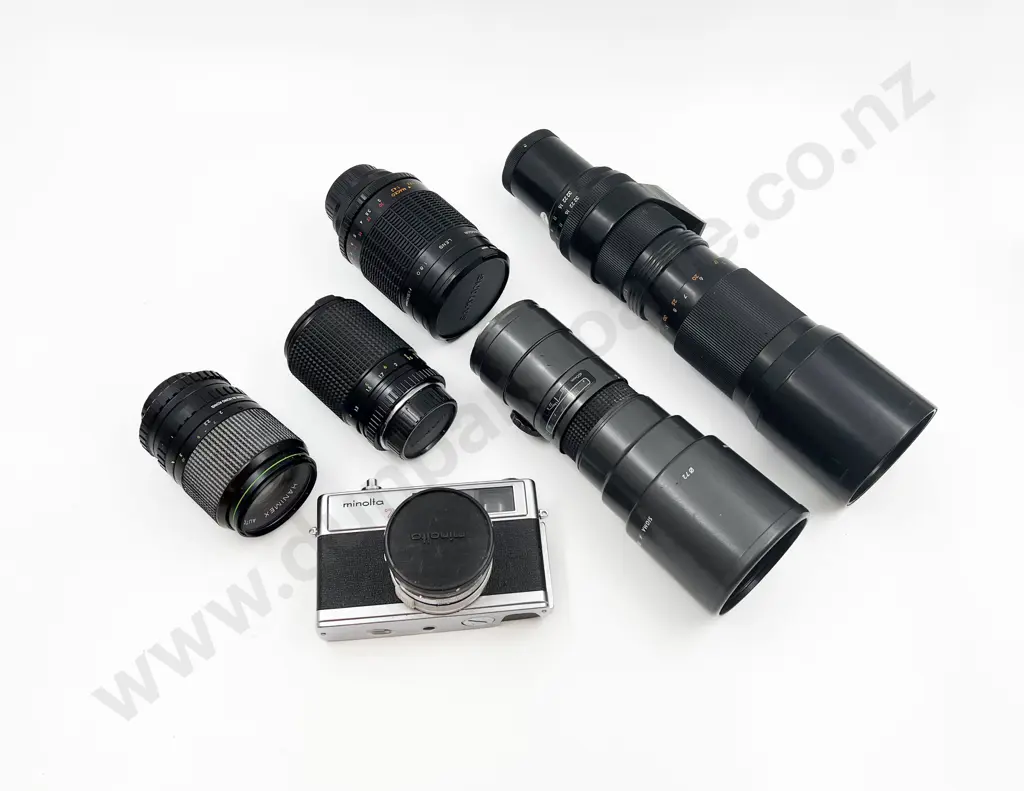 Box of Assorted Camera Lenses Together with Camera Image 1++