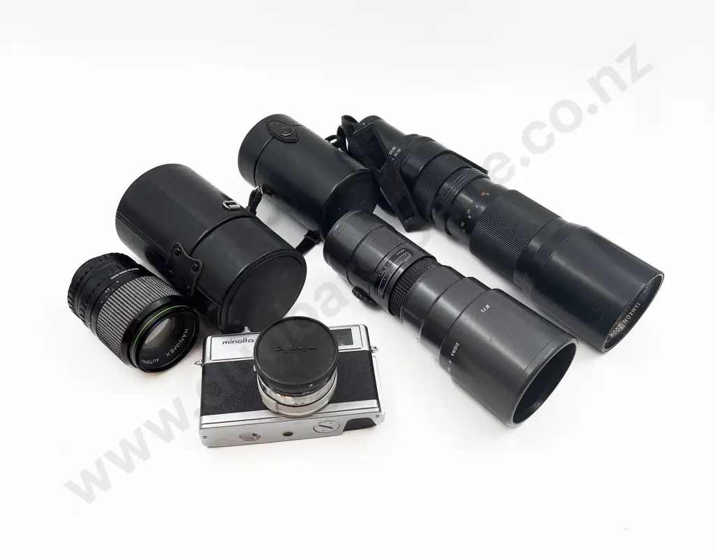 Box of Assorted Camera Lenses Together with Camera Image 1++