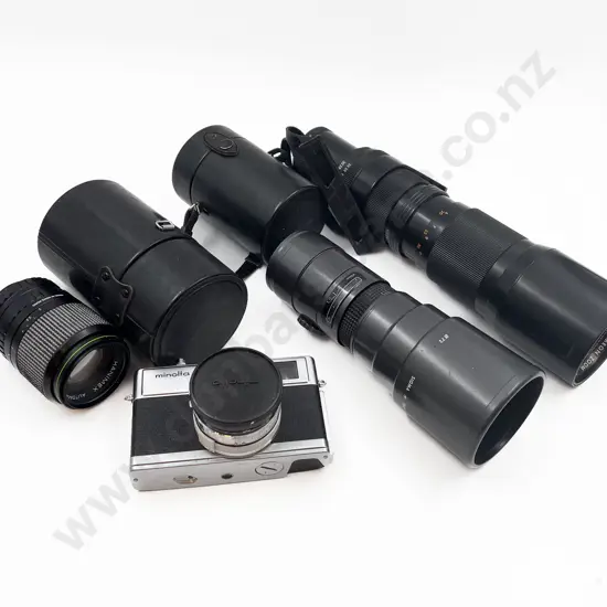 Box of Assorted Camera Lenses Together with Camera