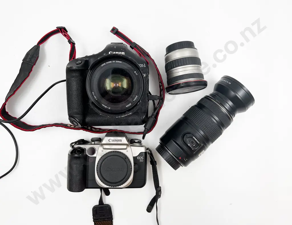 Two Cannon Cameras and Assorted Lenses in Carrying Bag Image 1++