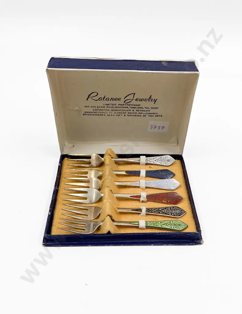 Boxed Set of Six Thai Enamel Three Pronged Forks Image 1++
