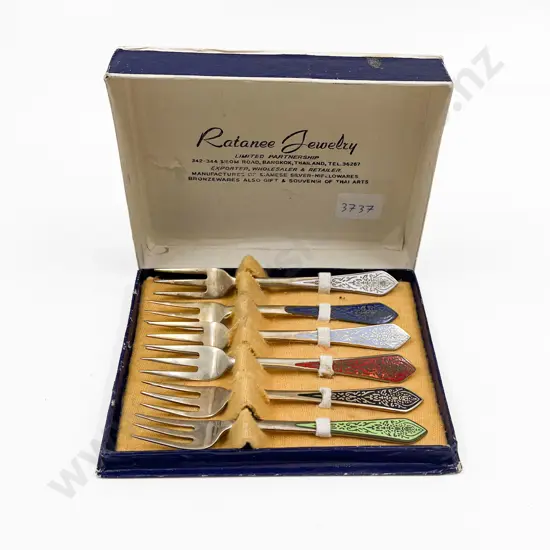 Boxed Set of Six Thai Enamel Three Pronged Forks