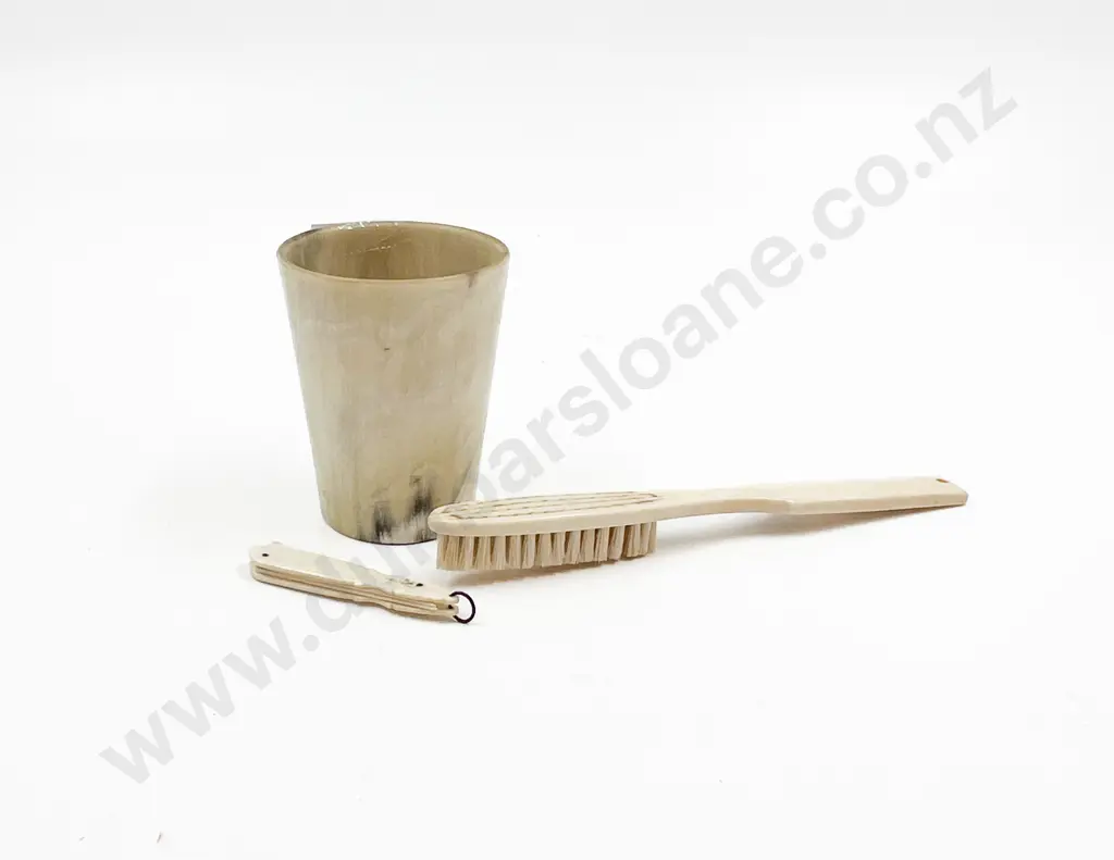 Small Horn Cup Together with Two Ivory Implements Image 1++