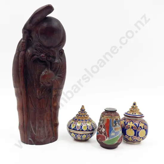 Carved Figure of Immortal with Three Small Pieces of China