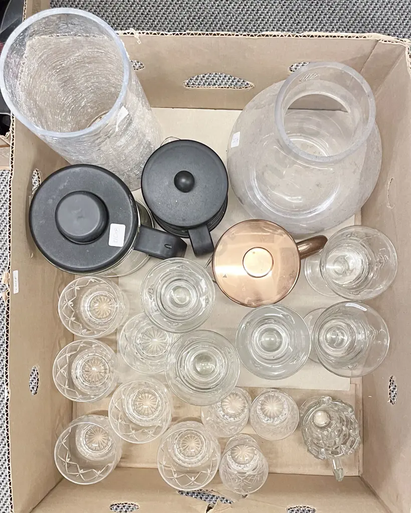 Box of Assorted Crystal and Glassware Together with Coffee Plungers Image 1++