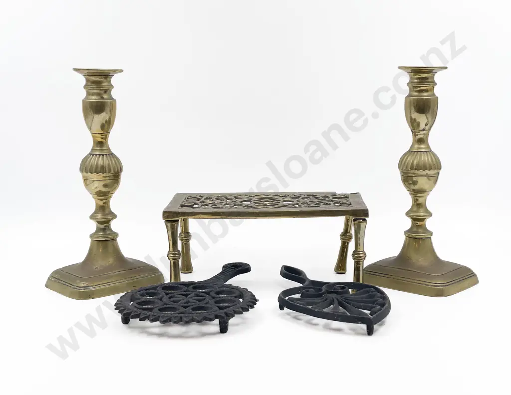 Pair of Brass Candlesticks and Three Assorted Trivets Image 1++