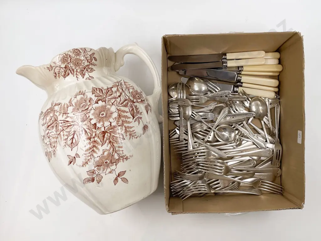 Box of Assorted Cutlery Together with Ceramic Washing Jug Image 1++