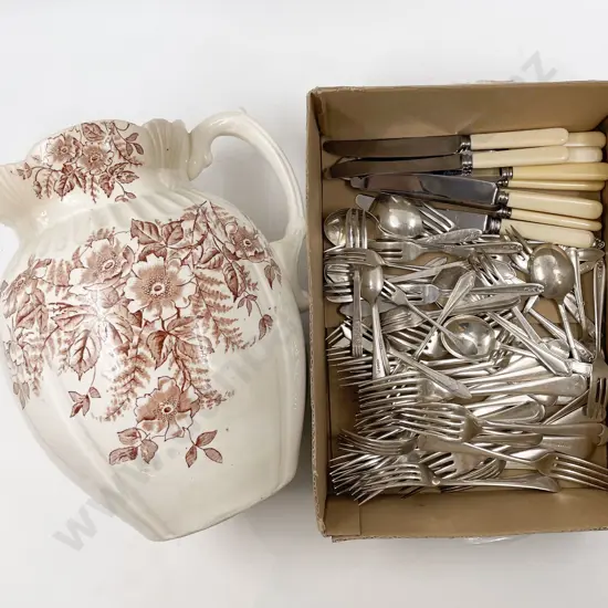 Box of Assorted Cutlery Together with Ceramic Washing Jug