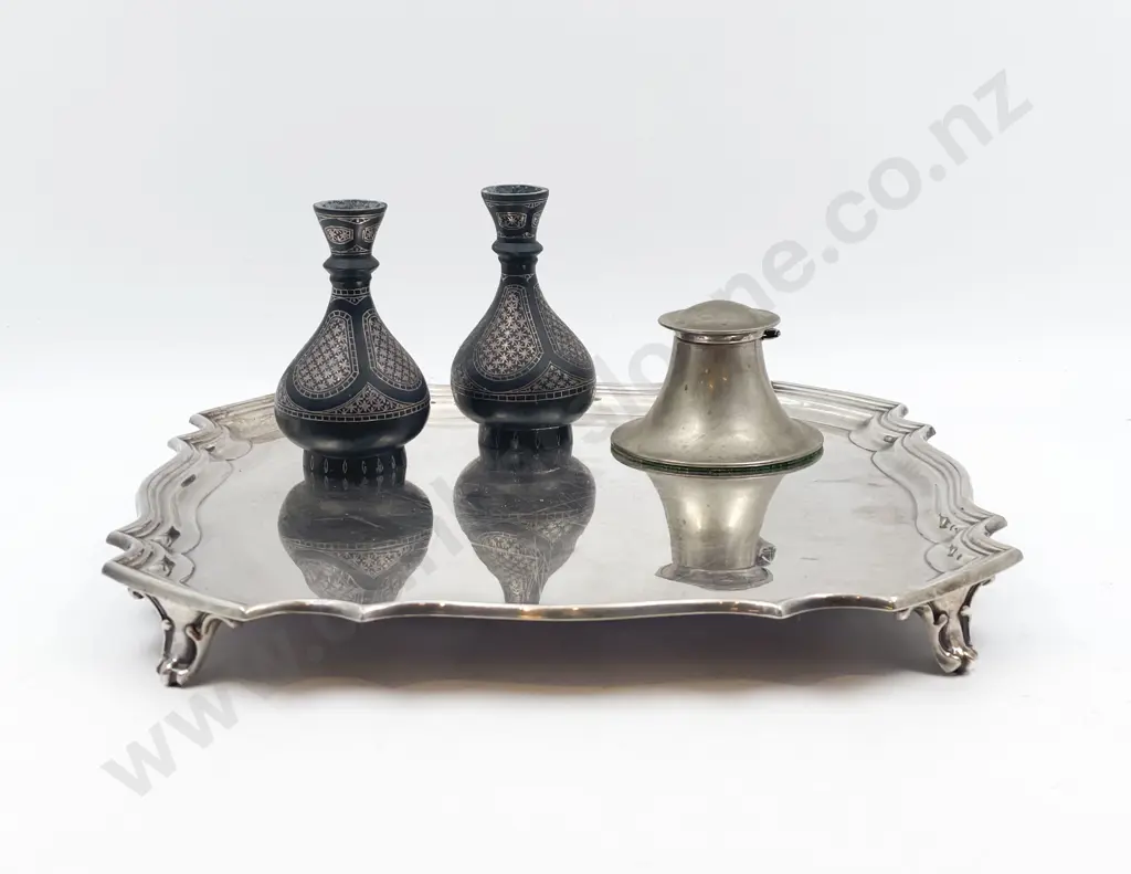 Pair of Small Vases with Silver Inkwell on Footed S/P Tray Image 1++