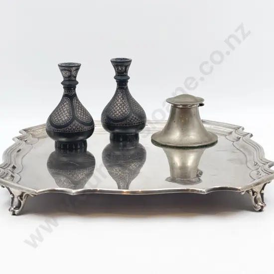 Pair of Small Vases with Silver Inkwell on Footed S/P Tray